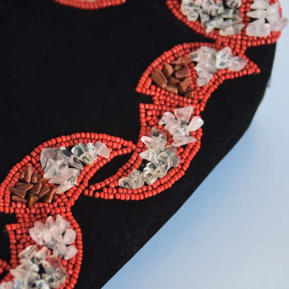 Vintage NEW w/tag Velvet Beaded Black Bag, Ermo Collection Rock/Clear/Seed Beads - Picture 9 of 15